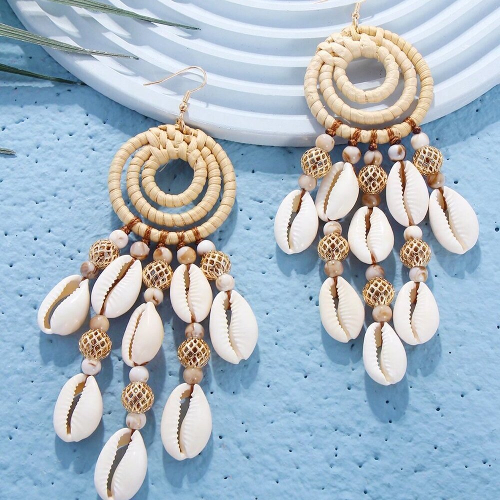 Boho Beige Casual Women's Vacation Hollow Bead shell Rattan Dangle Earrings